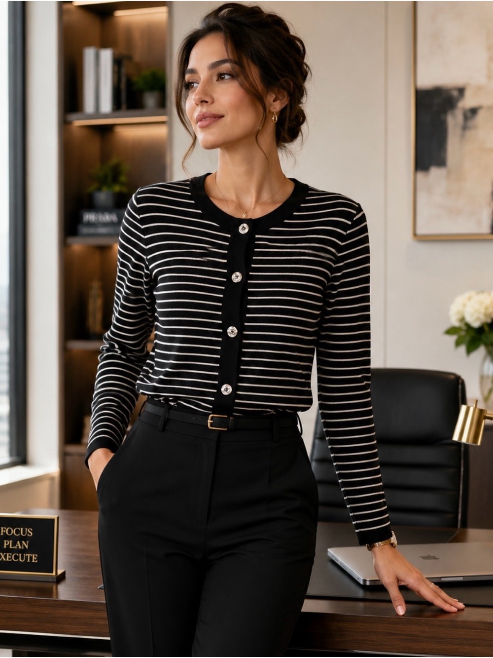 Rafaella Black & White Striped Button-Front Knit Cardigan